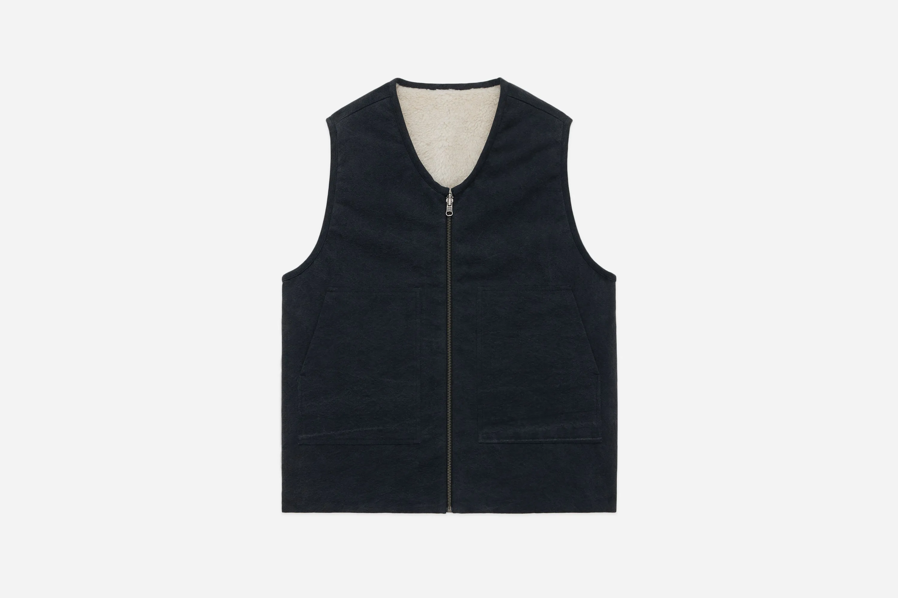 Reversible Work Vest ~ Black Canvas/Ecru Wool Sherpa