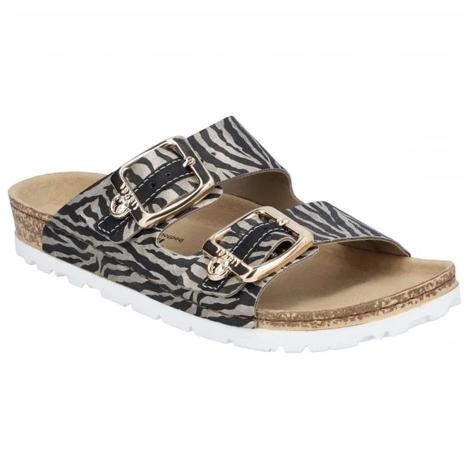 Rieker  Womens 69850-60 Odense Beige Animal Print Double Buckle Mules