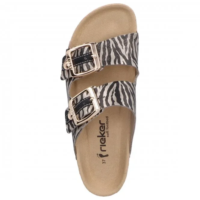 Rieker  Womens 69850-60 Odense Beige Animal Print Double Buckle Mules