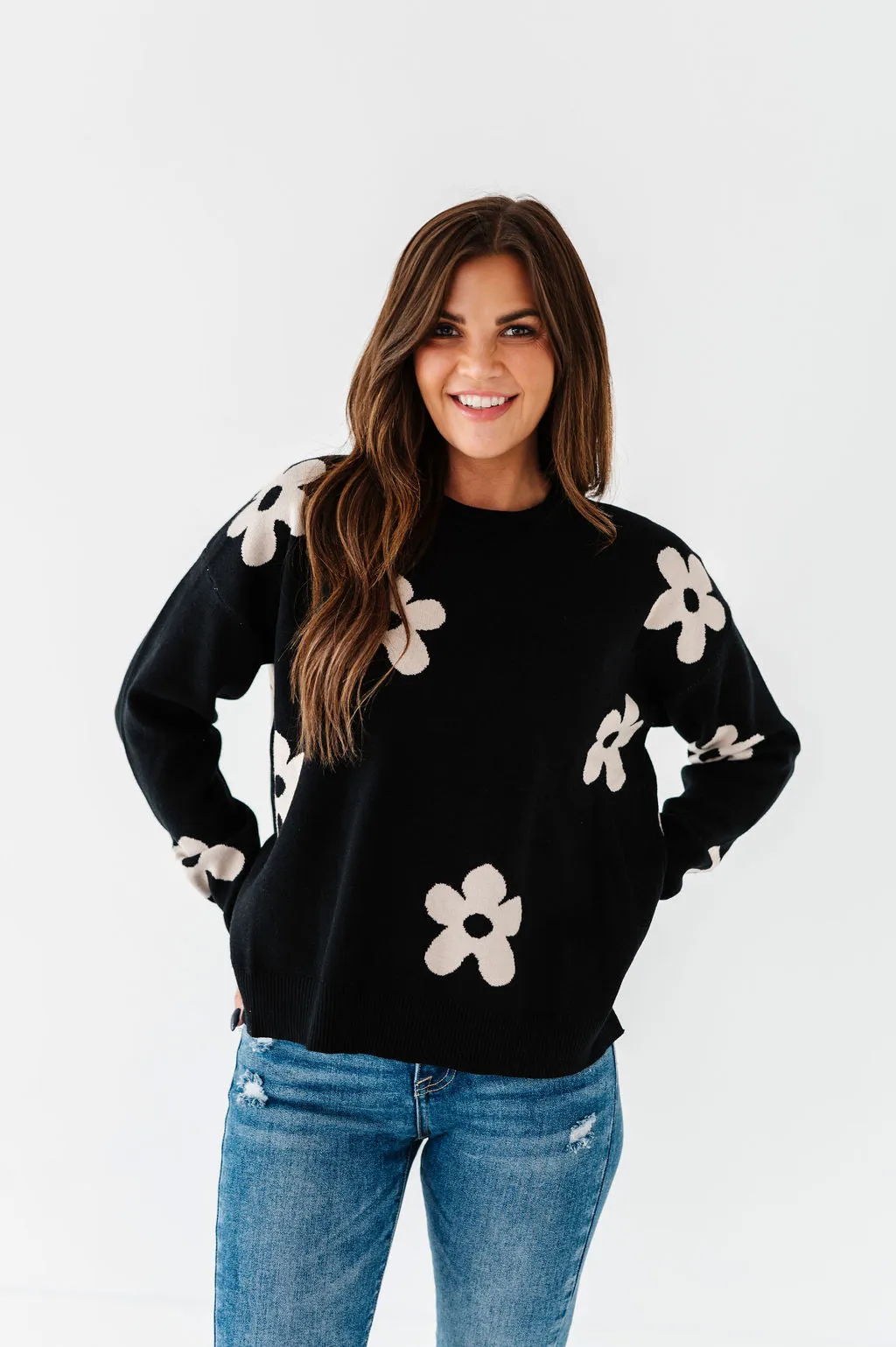 Sadie Floral Jacquard Sweater in Black