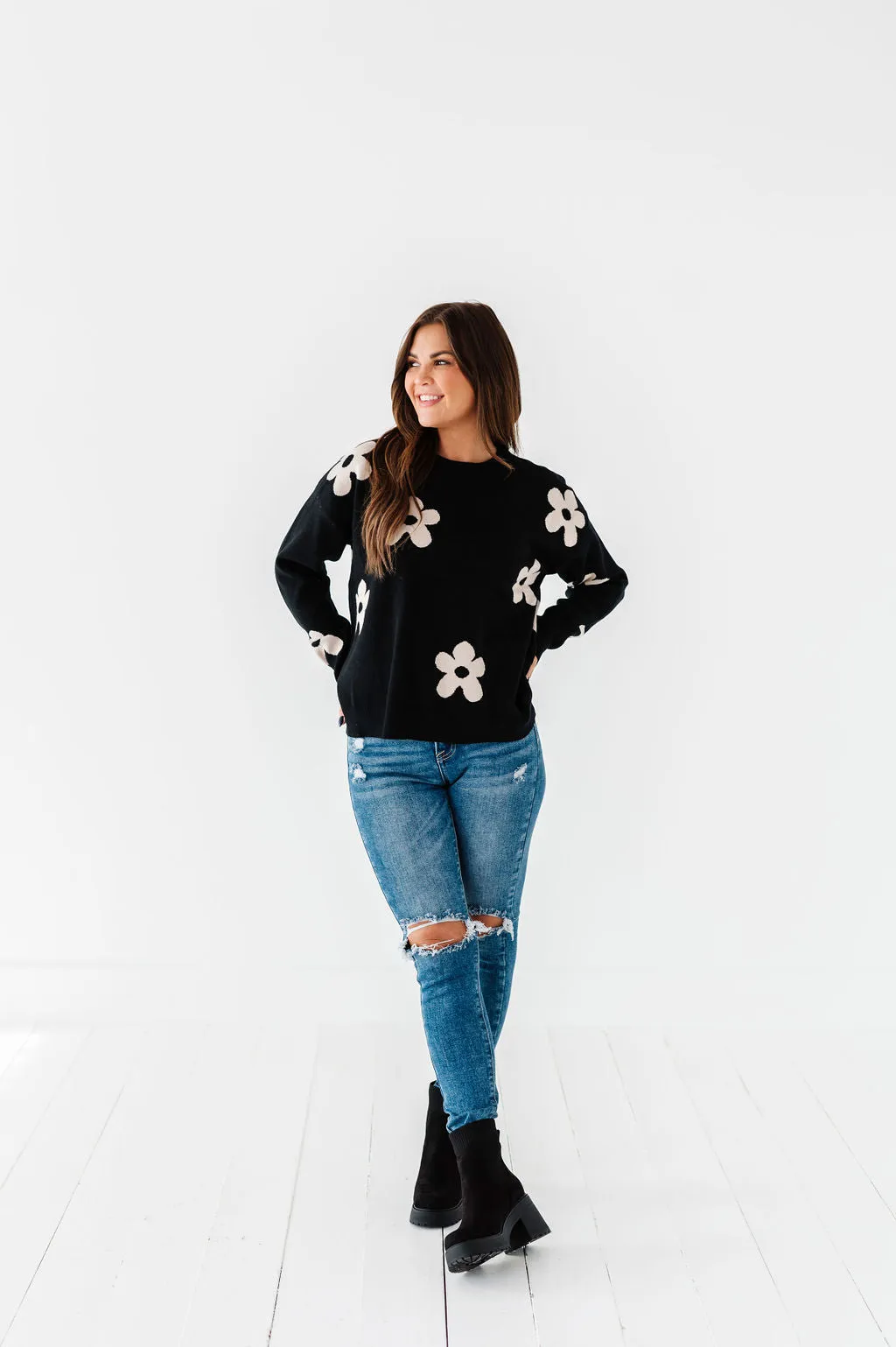 Sadie Floral Jacquard Sweater in Black