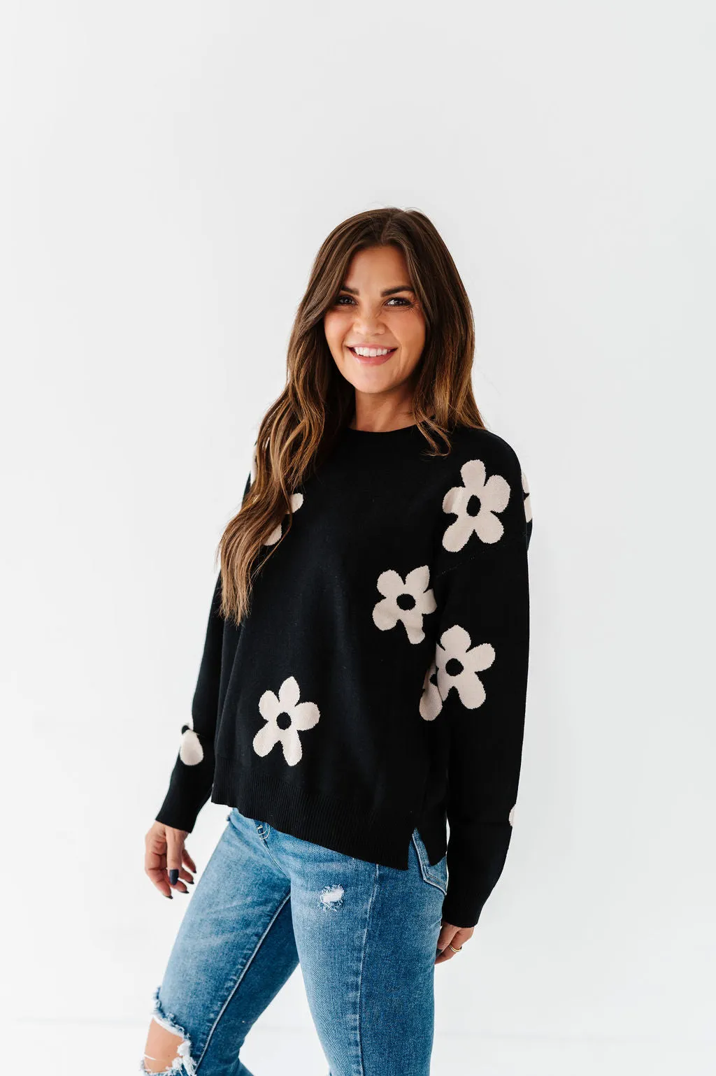 Sadie Floral Jacquard Sweater in Black