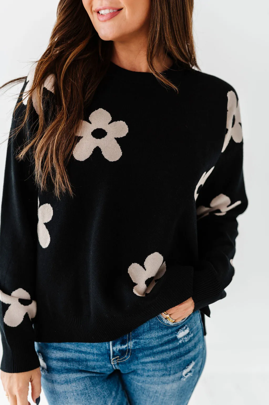 Sadie Floral Jacquard Sweater in Black