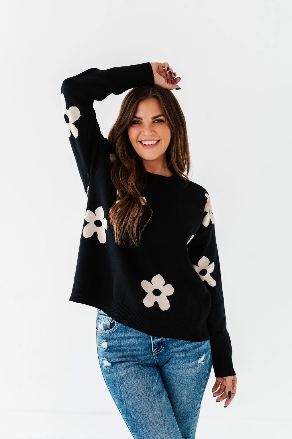 Sadie Floral Jacquard Sweater in Black