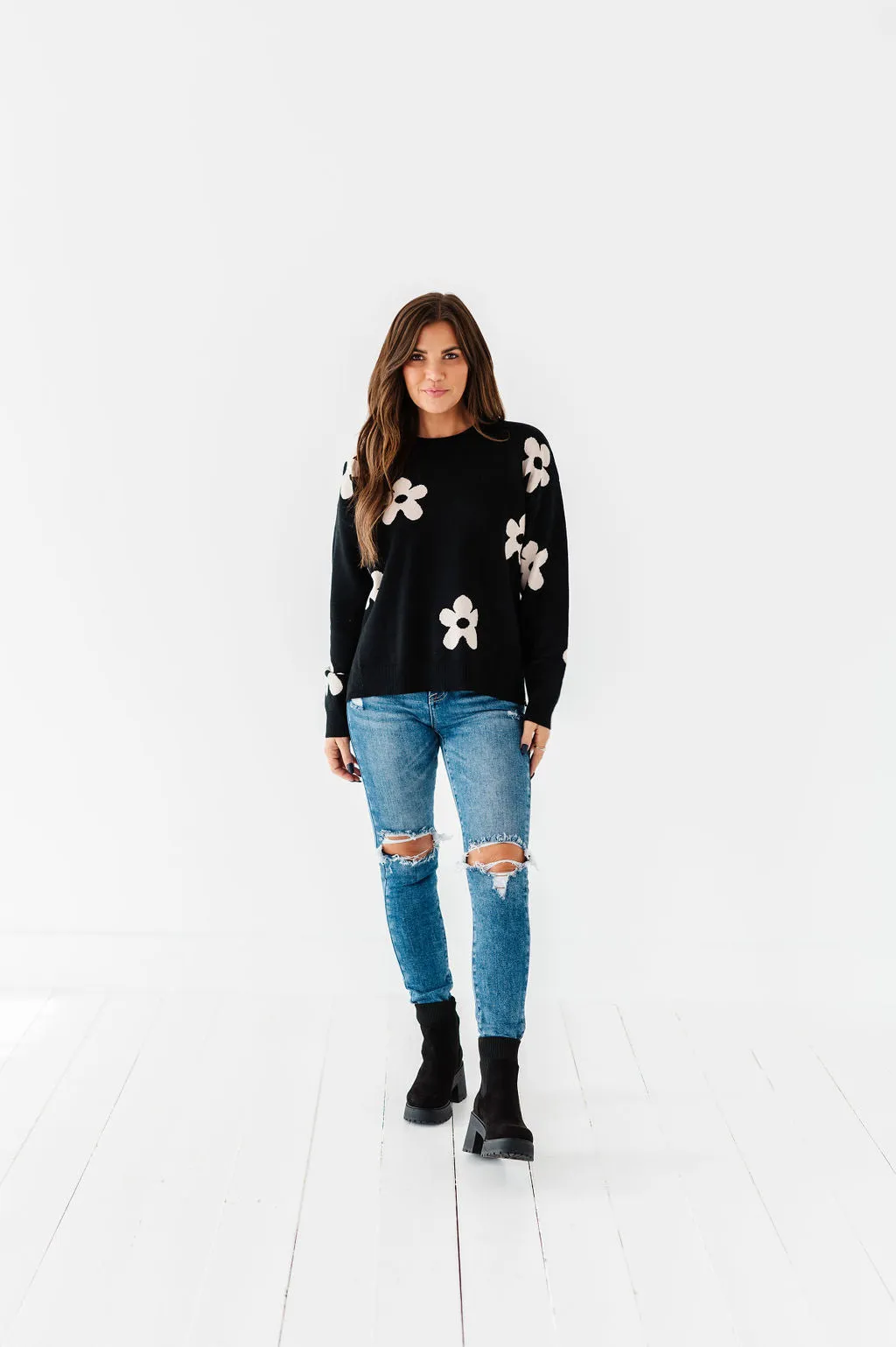 Sadie Floral Jacquard Sweater in Black