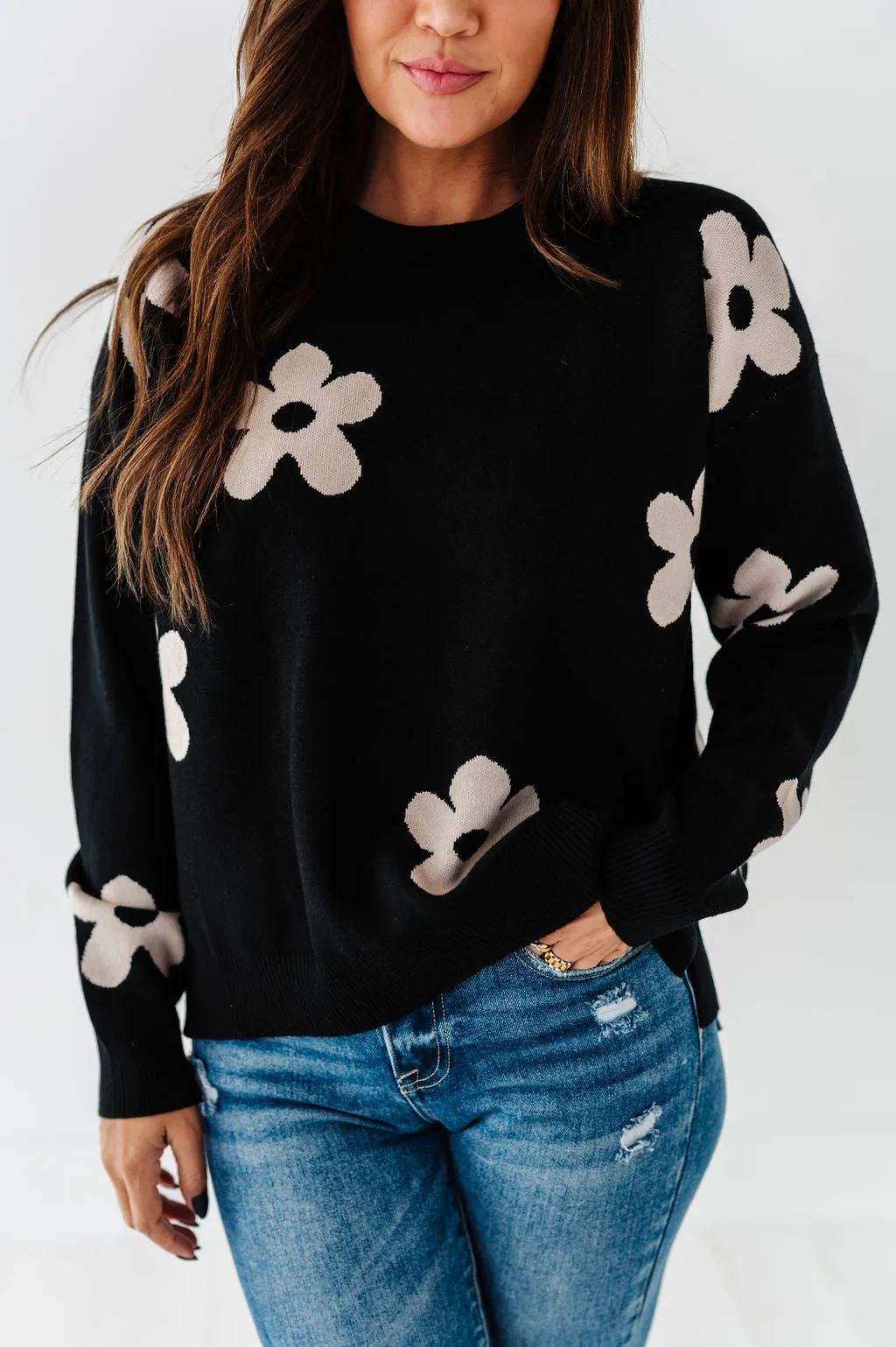 Sadie Floral Jacquard Sweater in Black