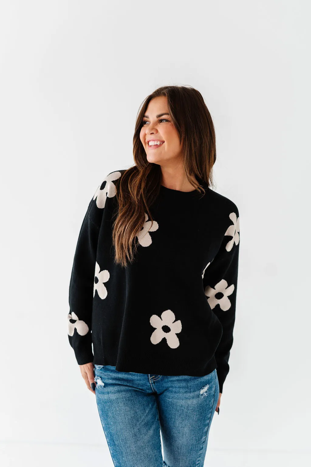 Sadie Floral Jacquard Sweater in Black