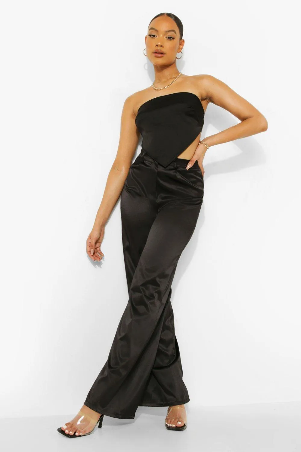 Satin Pleat Detail Wide Leg Pants