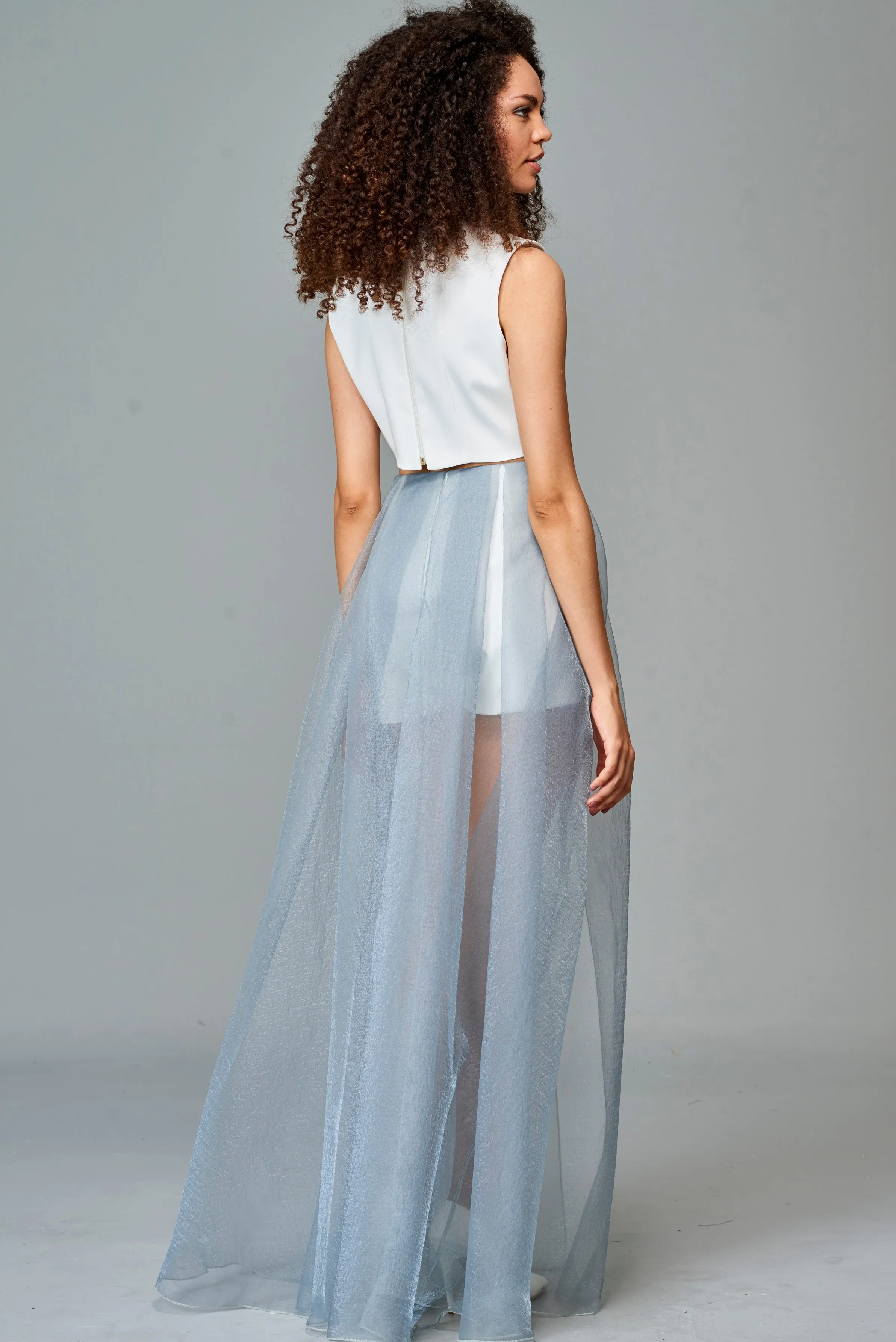 Sleeveless Crop Top with Pleated Organza Overskirt Short