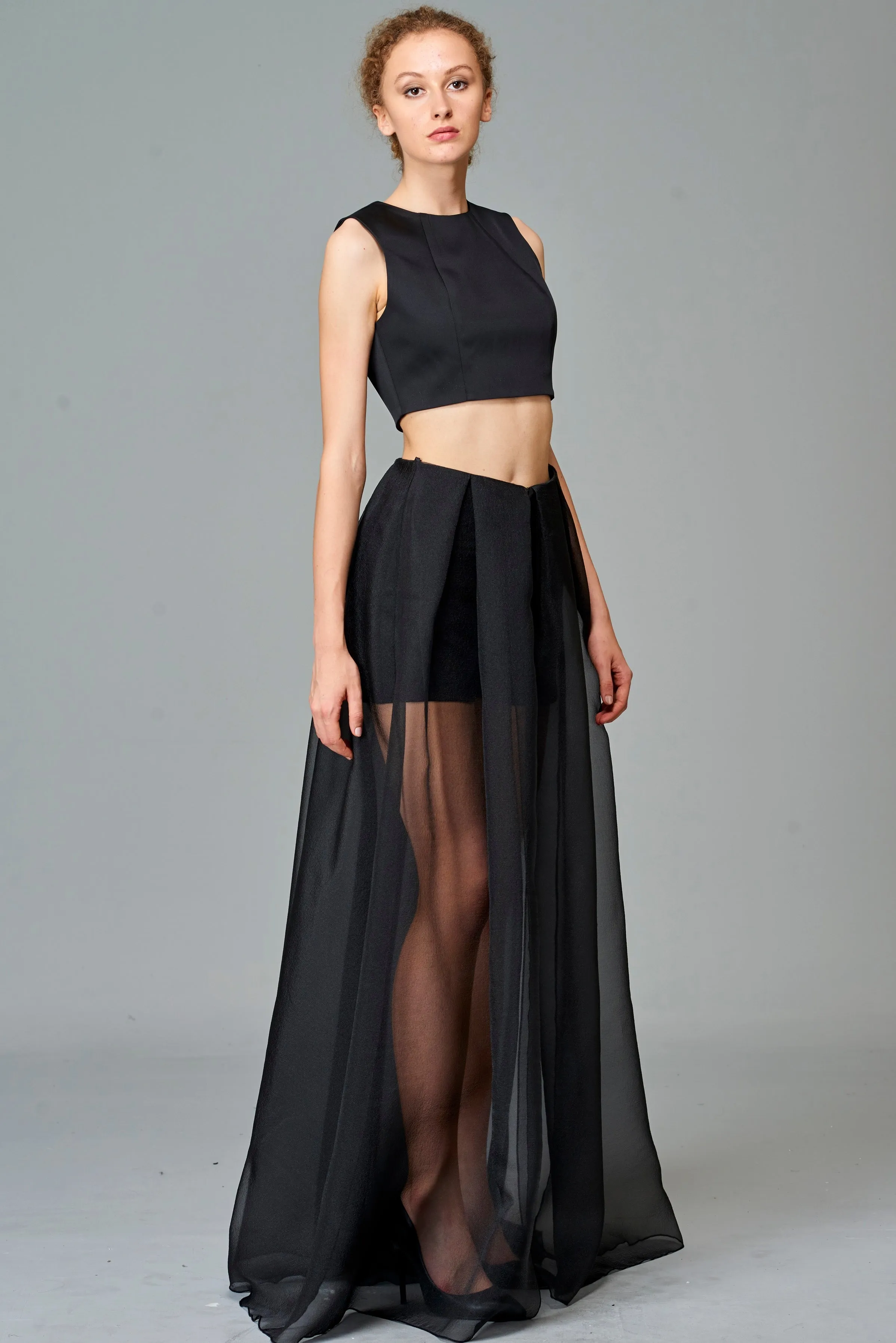 Sleeveless Crop Top with Pleated Organza Overskirt Short