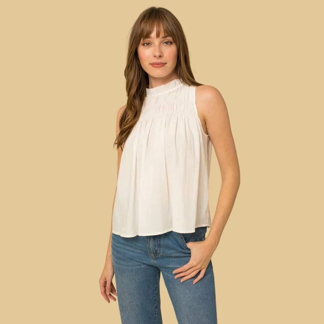 Sleeveless Ruffle Neck Smocked Yoke Top (White)