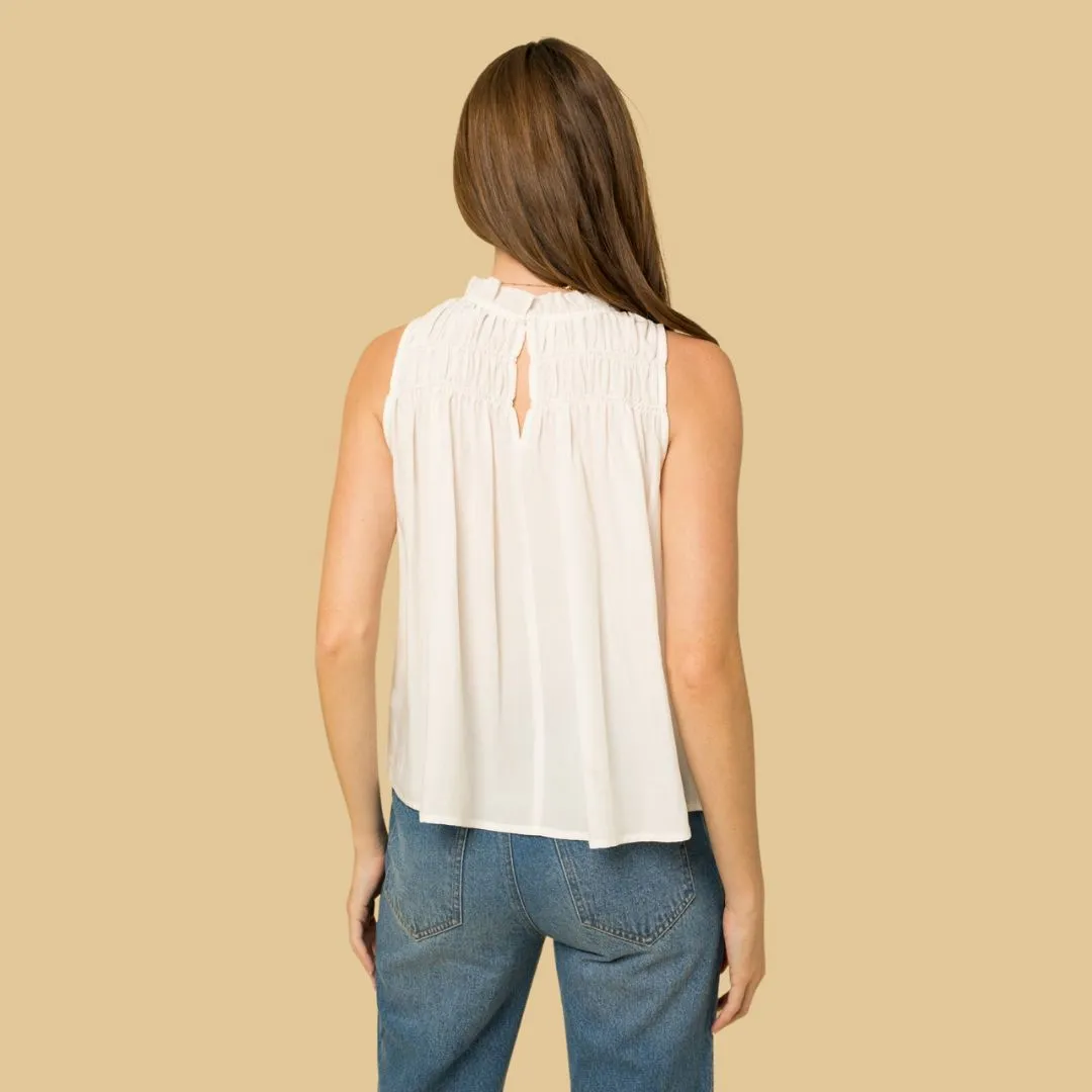 Sleeveless Ruffle Neck Smocked Yoke Top (White)