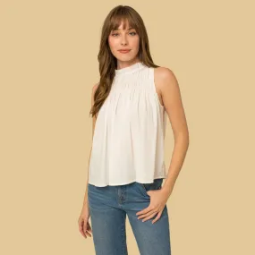 Sleeveless Ruffle Neck Smocked Yoke Top (White)