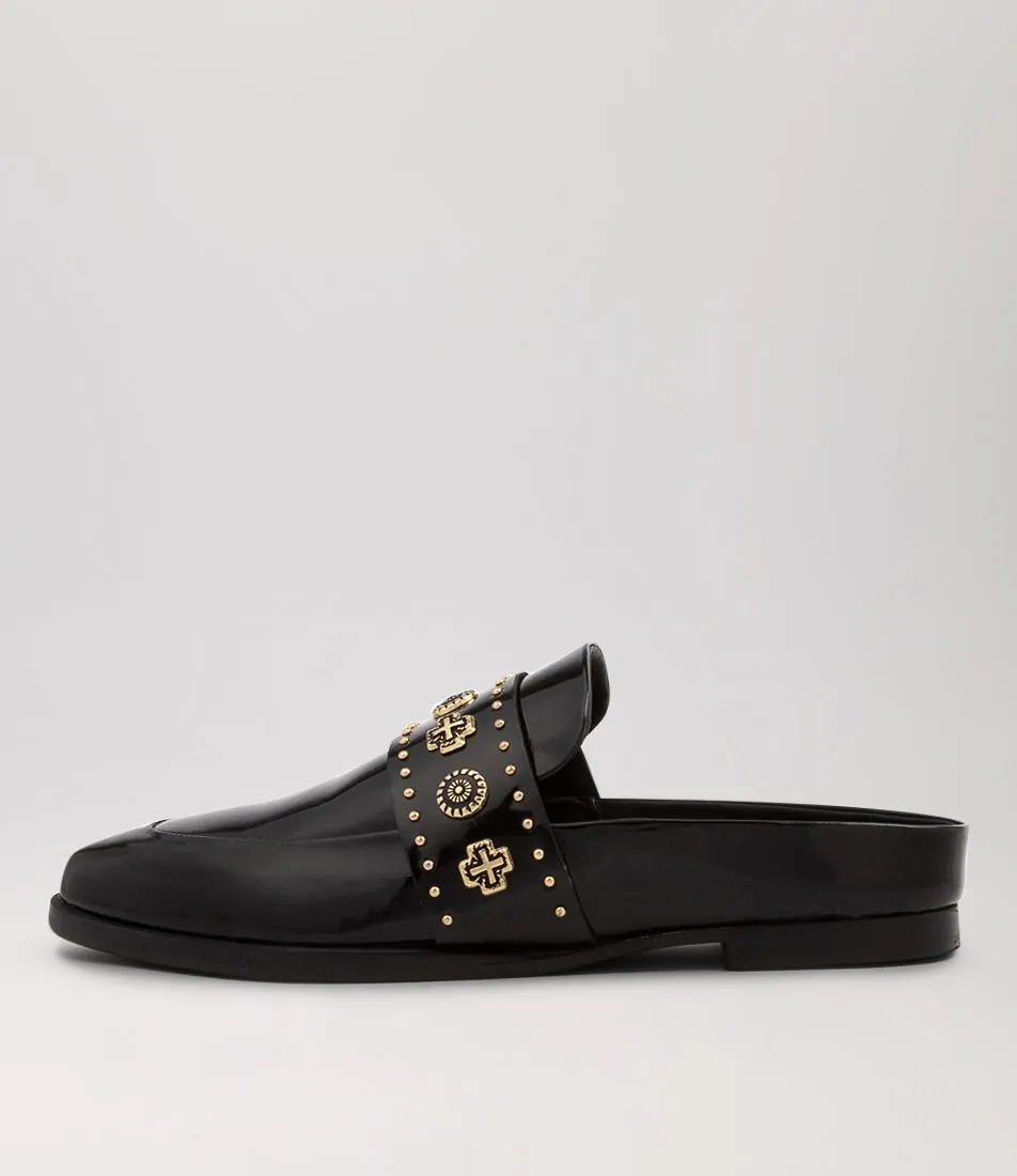 SOL SANA Tuesday Slide Black Gold Patent Leather Mules