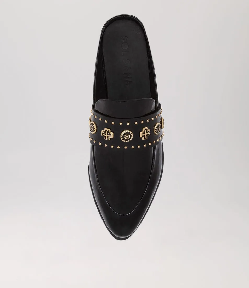 SOL SANA Tuesday Slide Black Gold Patent Leather Mules