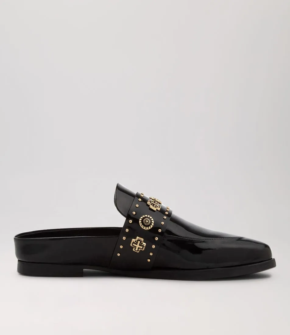 SOL SANA Tuesday Slide Black Gold Patent Leather Mules