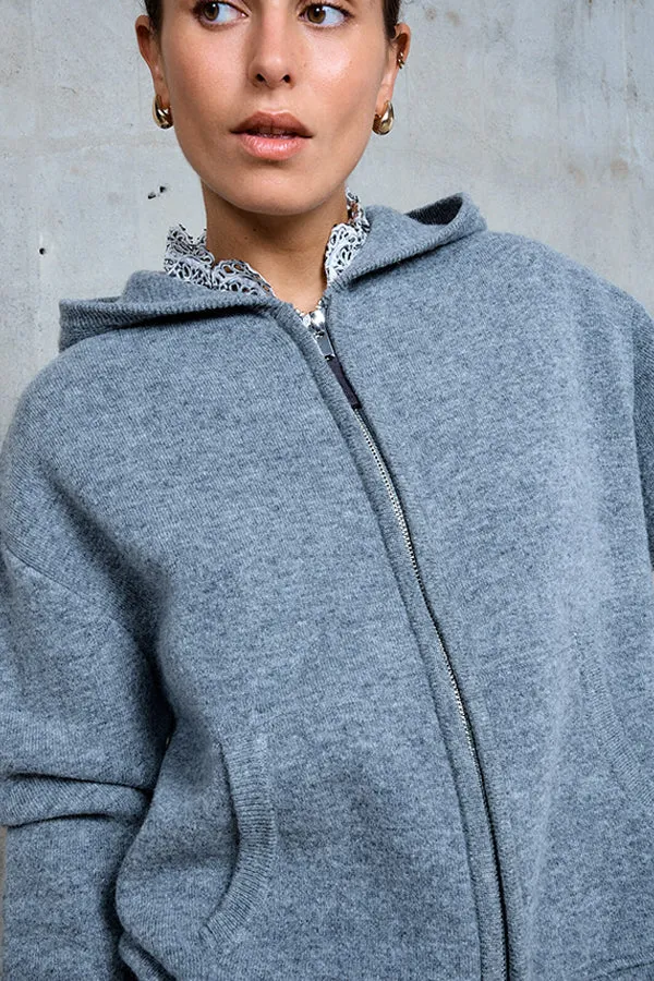 Stella Forest AGATHE GREY HOODED ZIPPED WOOL CARDIGAN