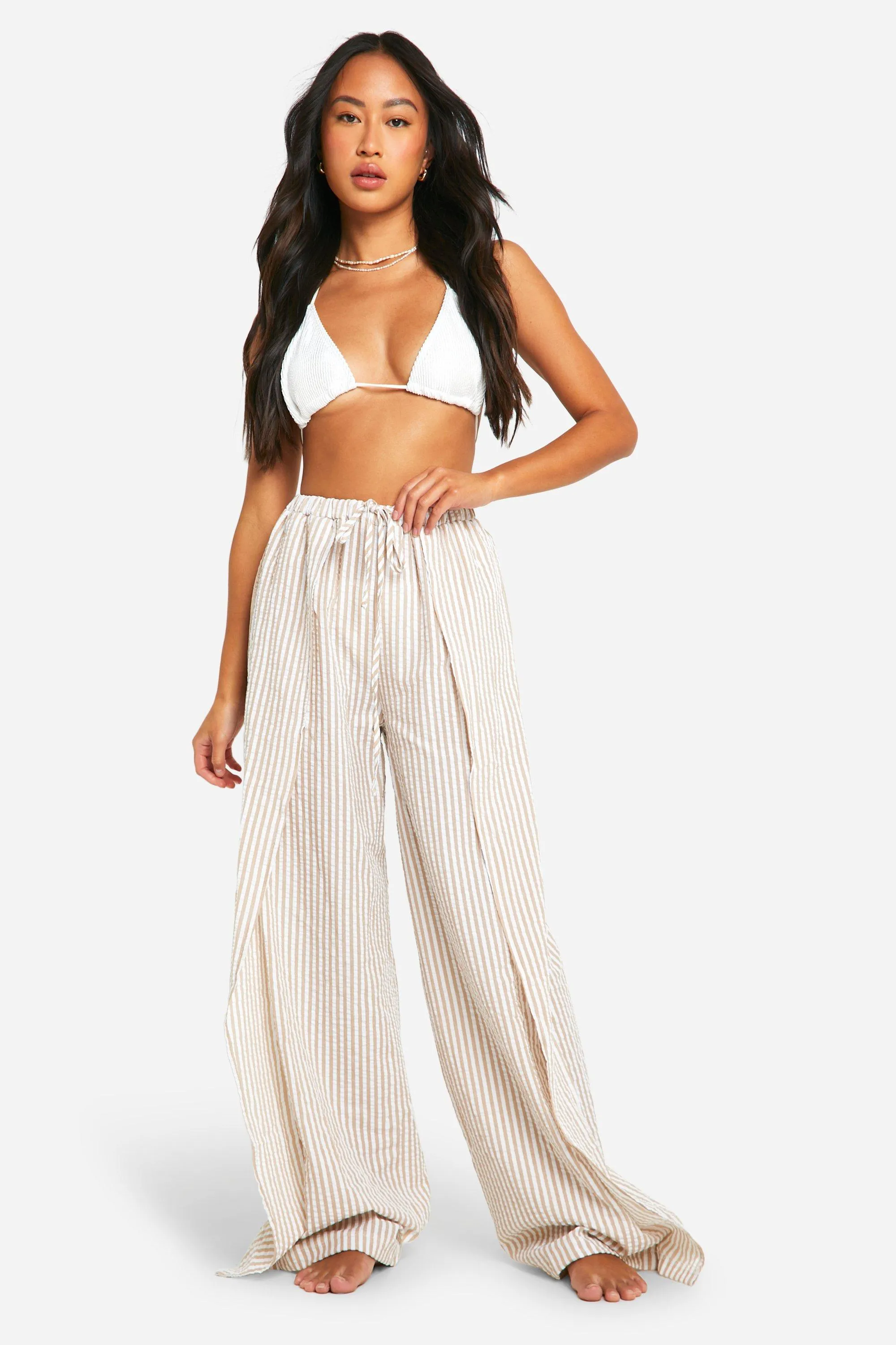 Stripe Seersucker Wide Leg Beach Pants