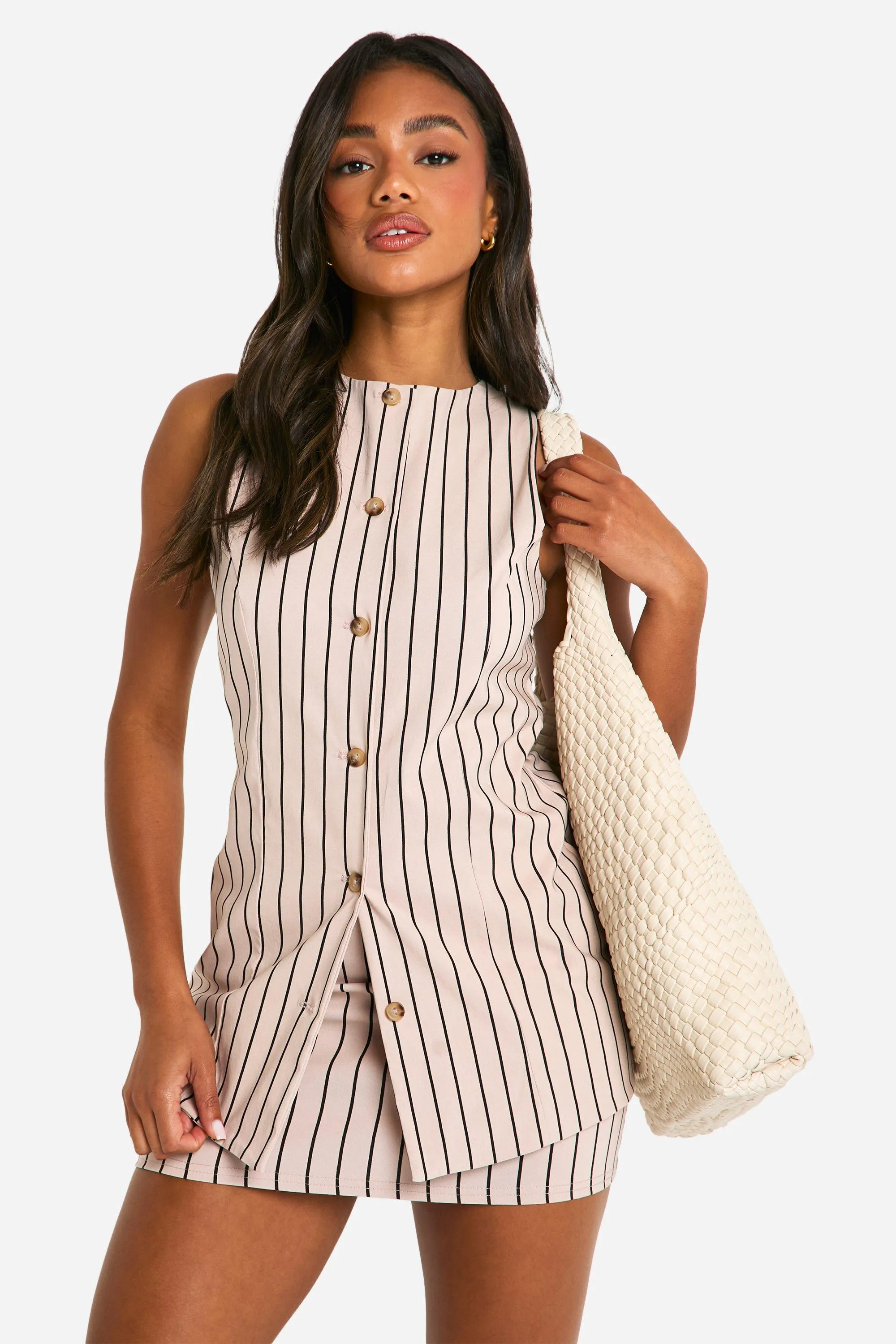 Super Stretch Pinstripe Longerline Vest & Micro Mini Skirt