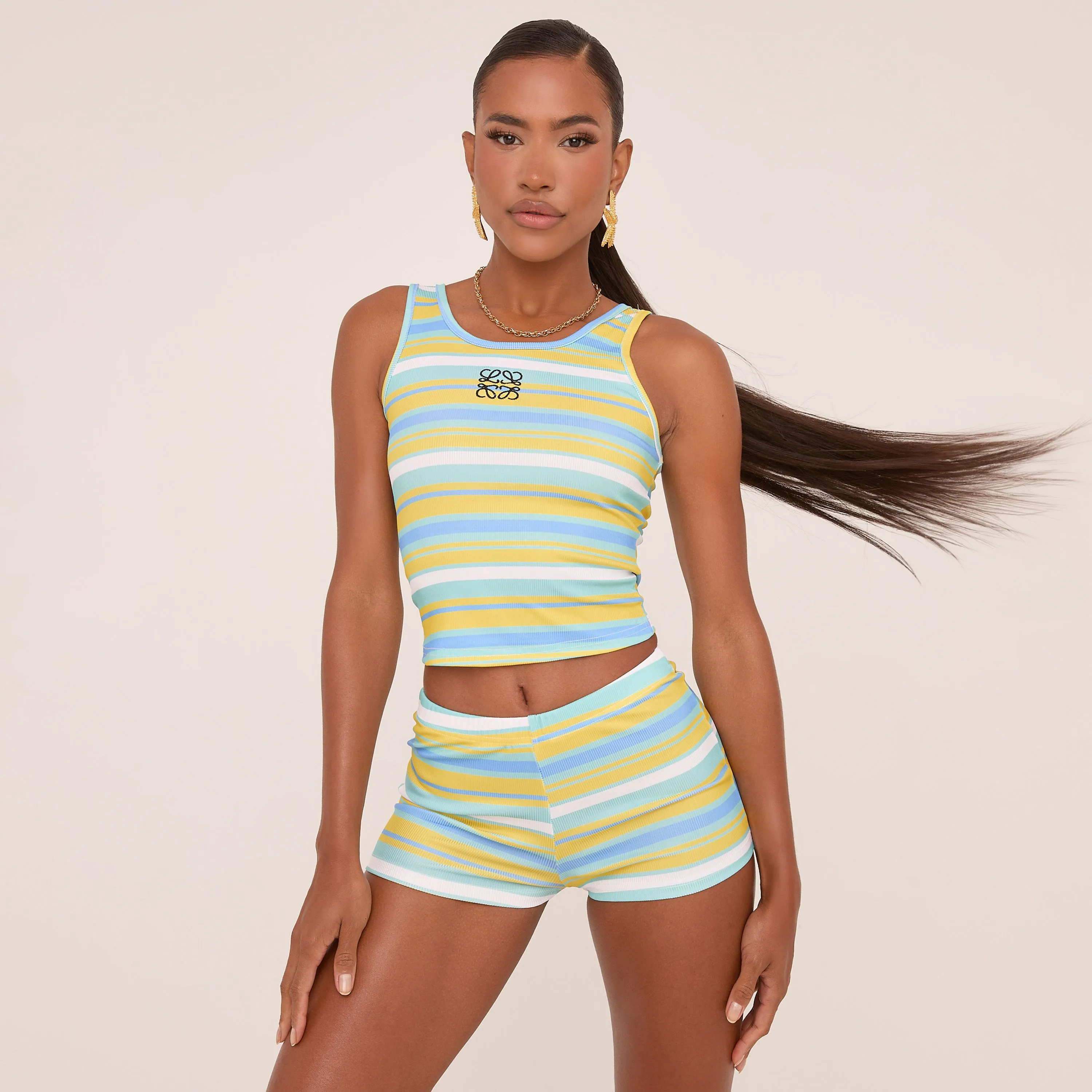 Swirl Embroidered Logo Vest Top And Low Rise Shorts Co-Ord Set In Aqua Blue Stripe