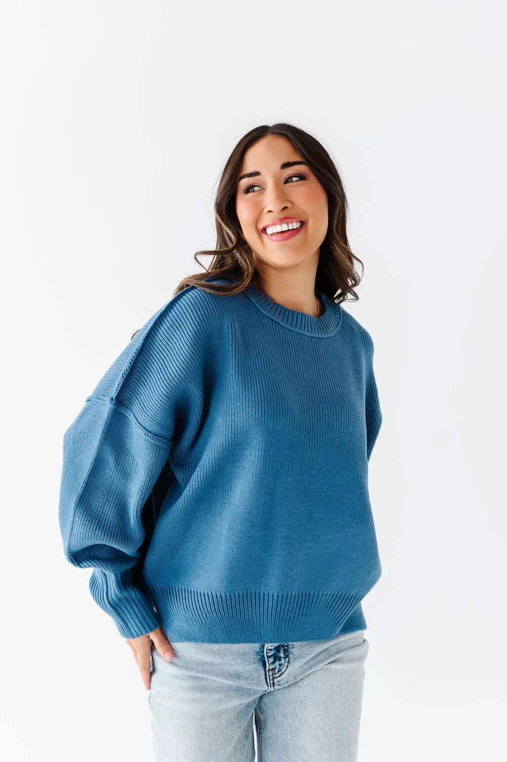 Teddi Drop Shoulder Sweater in Gray Blue