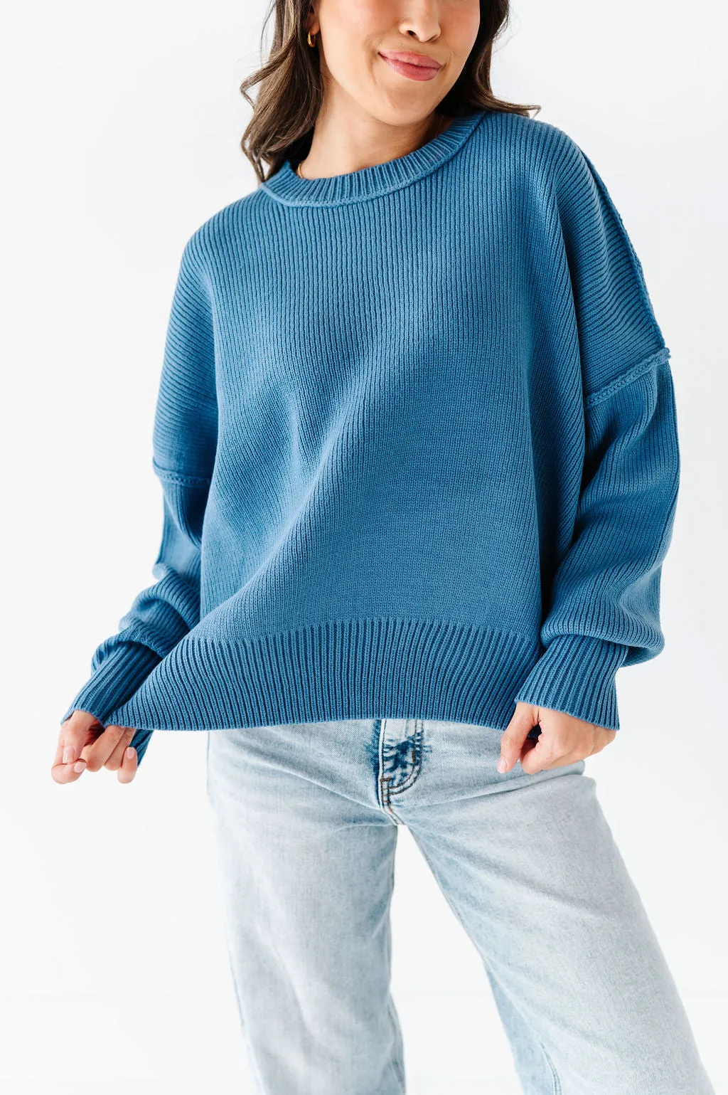 Teddi Drop Shoulder Sweater in Gray Blue