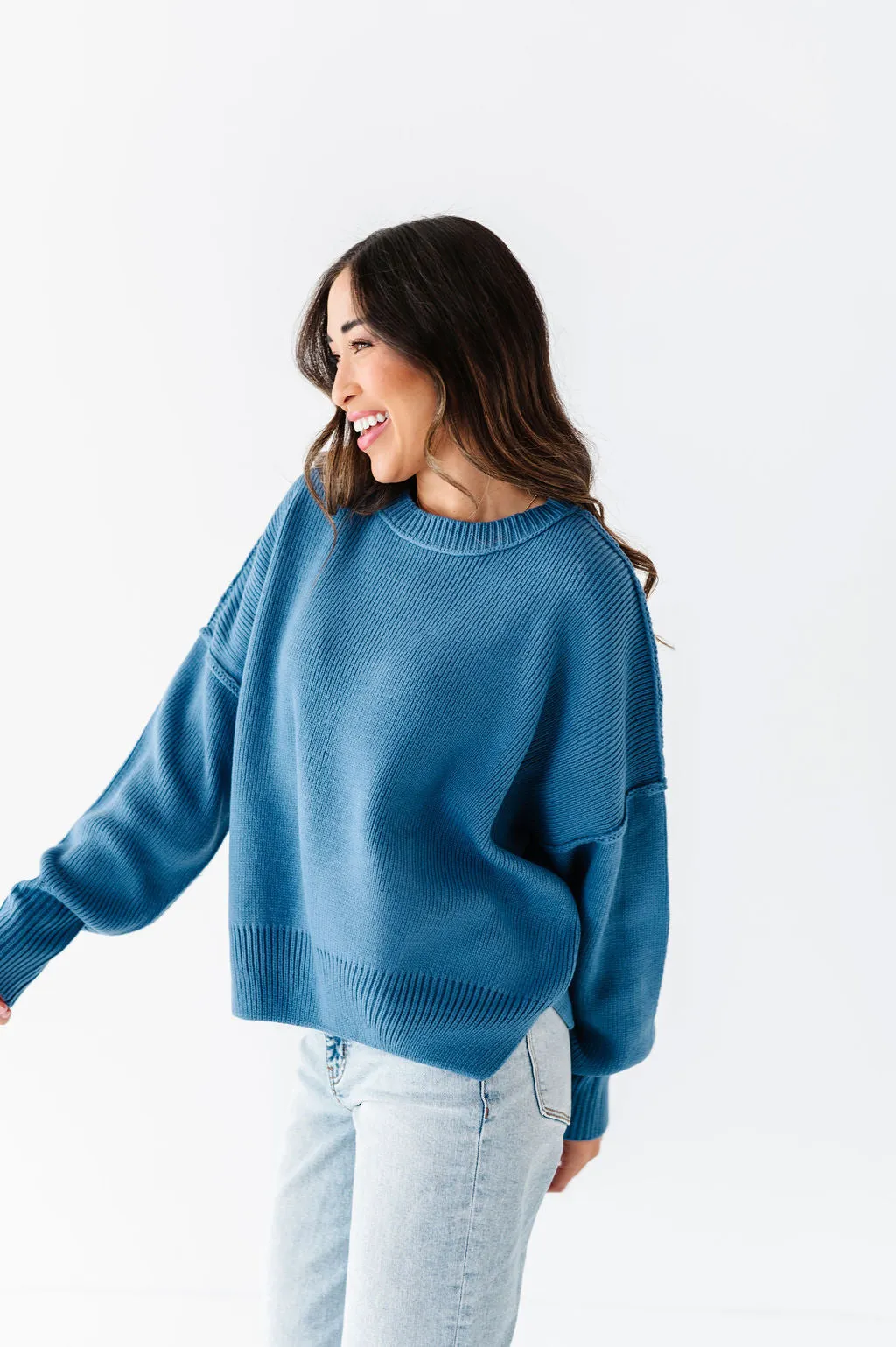 Teddi Drop Shoulder Sweater in Gray Blue