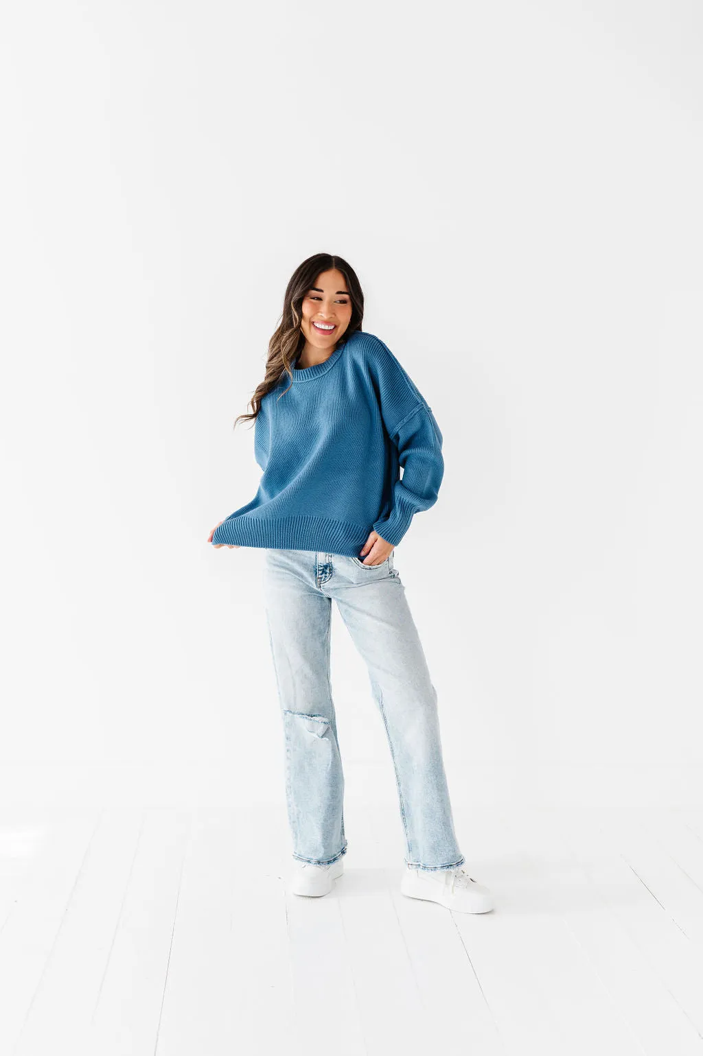 Teddi Drop Shoulder Sweater in Gray Blue