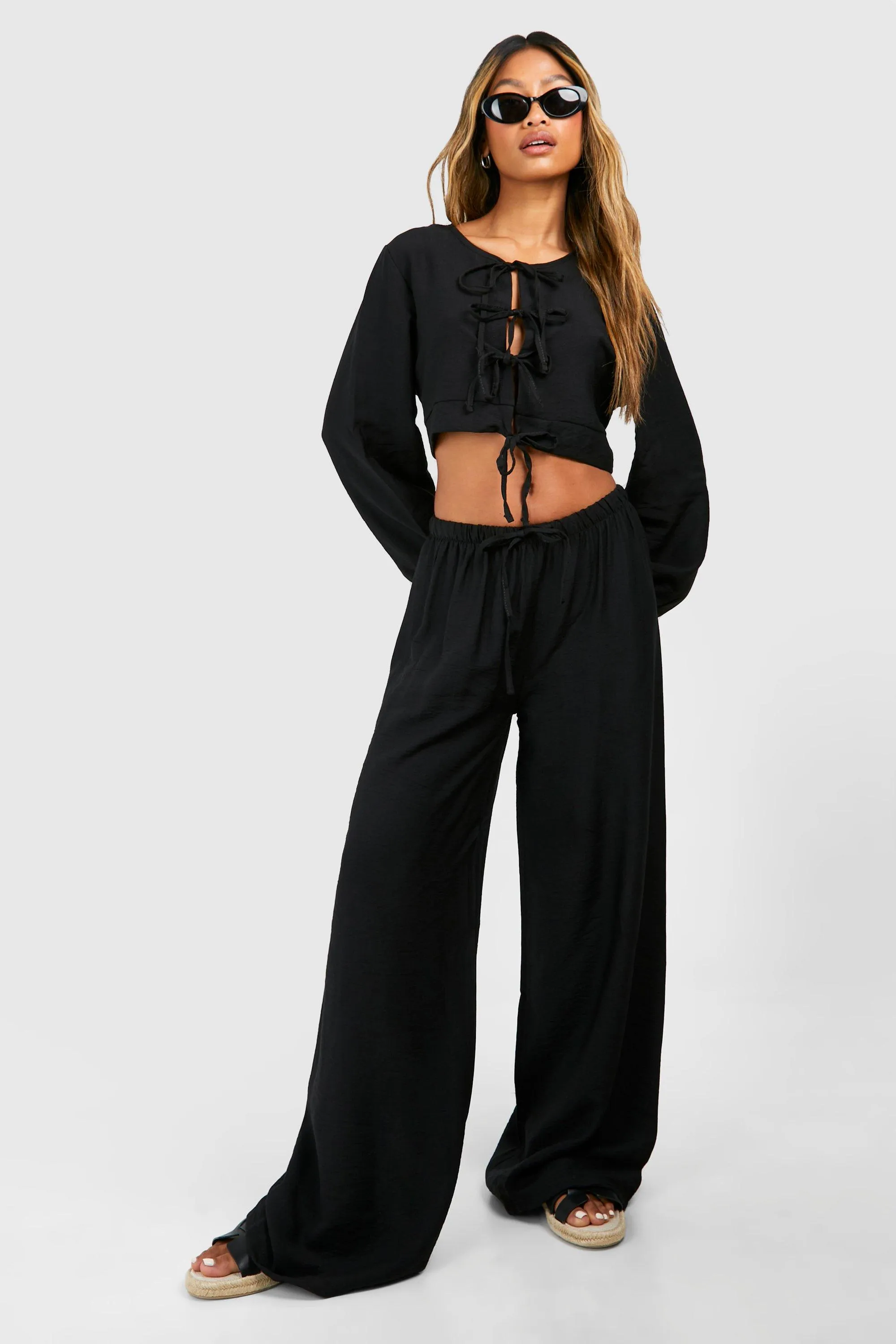 Textured Linen Look Puff Sleeve Blouse & Wide Leg Pants