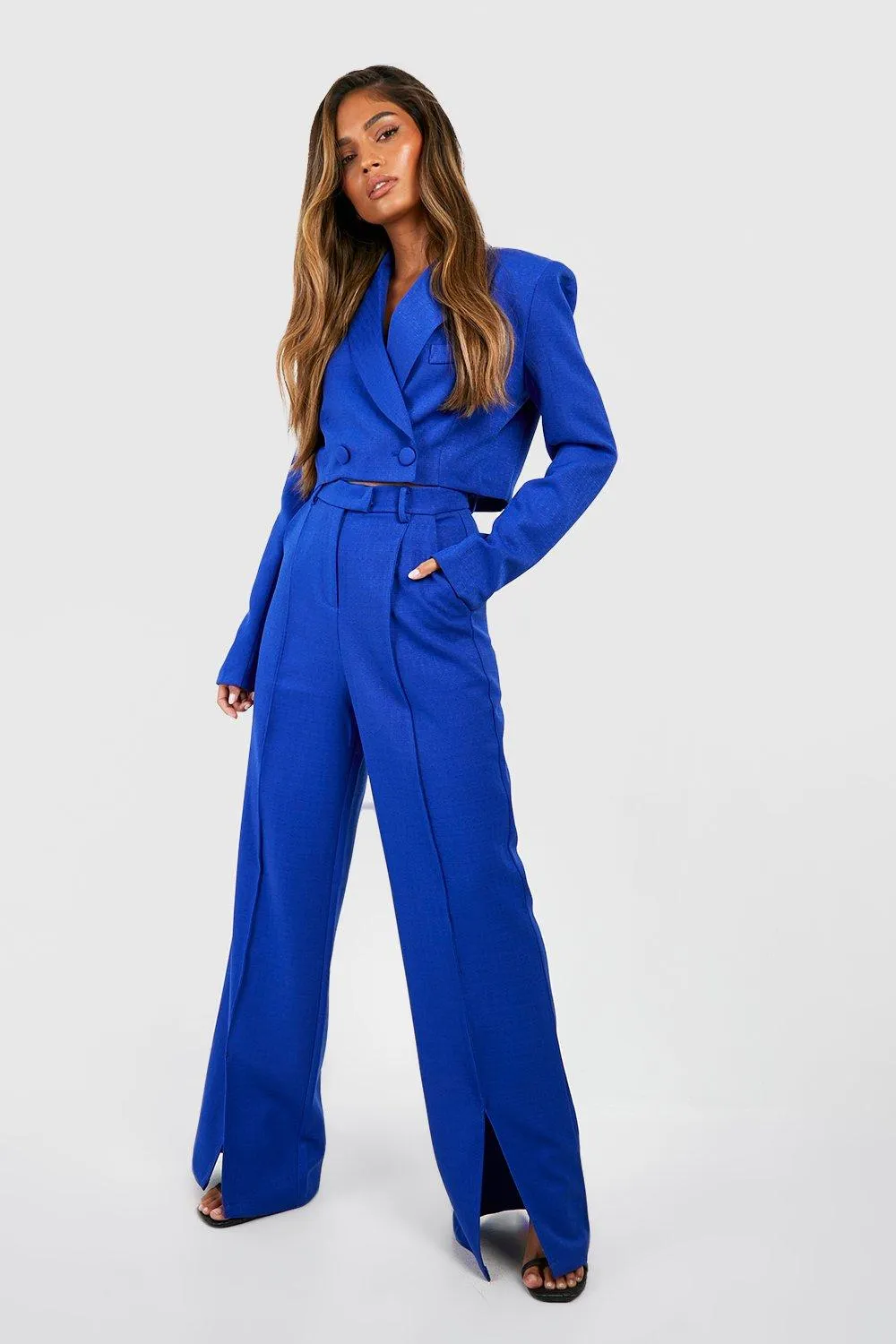 Textured Split Front Wide Leg Dress Pants