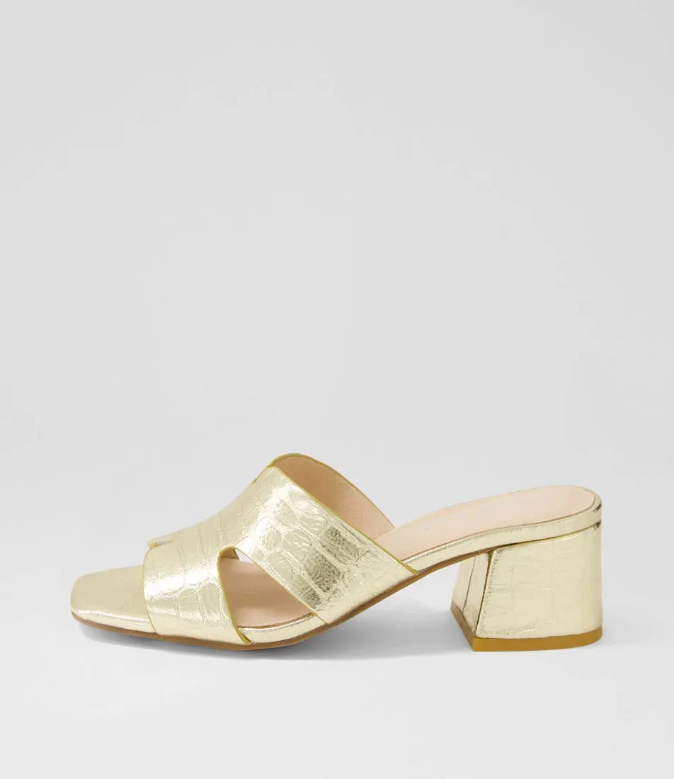 TOP END Corlat Pale Gold Shine Croc Leather Mules