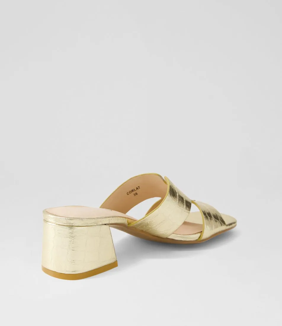 TOP END Corlat Pale Gold Shine Croc Leather Mules