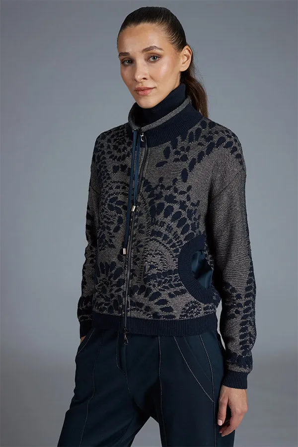 Tricot Chic NAVY JACQUARD ZIPPED CARDIGAN