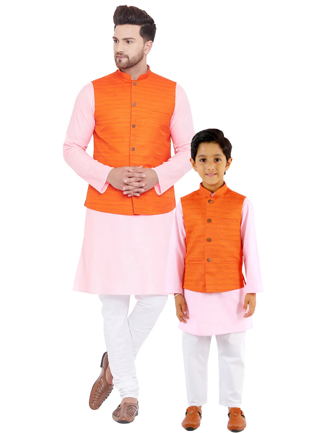 VASTRAMAY Orange, Pink And White Baap Beta Nehru Jacket Kurta Pyjama set