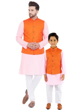 VASTRAMAY Orange, Pink And White Baap Beta Nehru Jacket Kurta Pyjama set