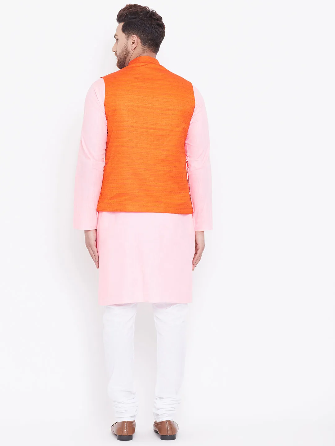 VASTRAMAY Orange, Pink And White Baap Beta Nehru Jacket Kurta Pyjama set