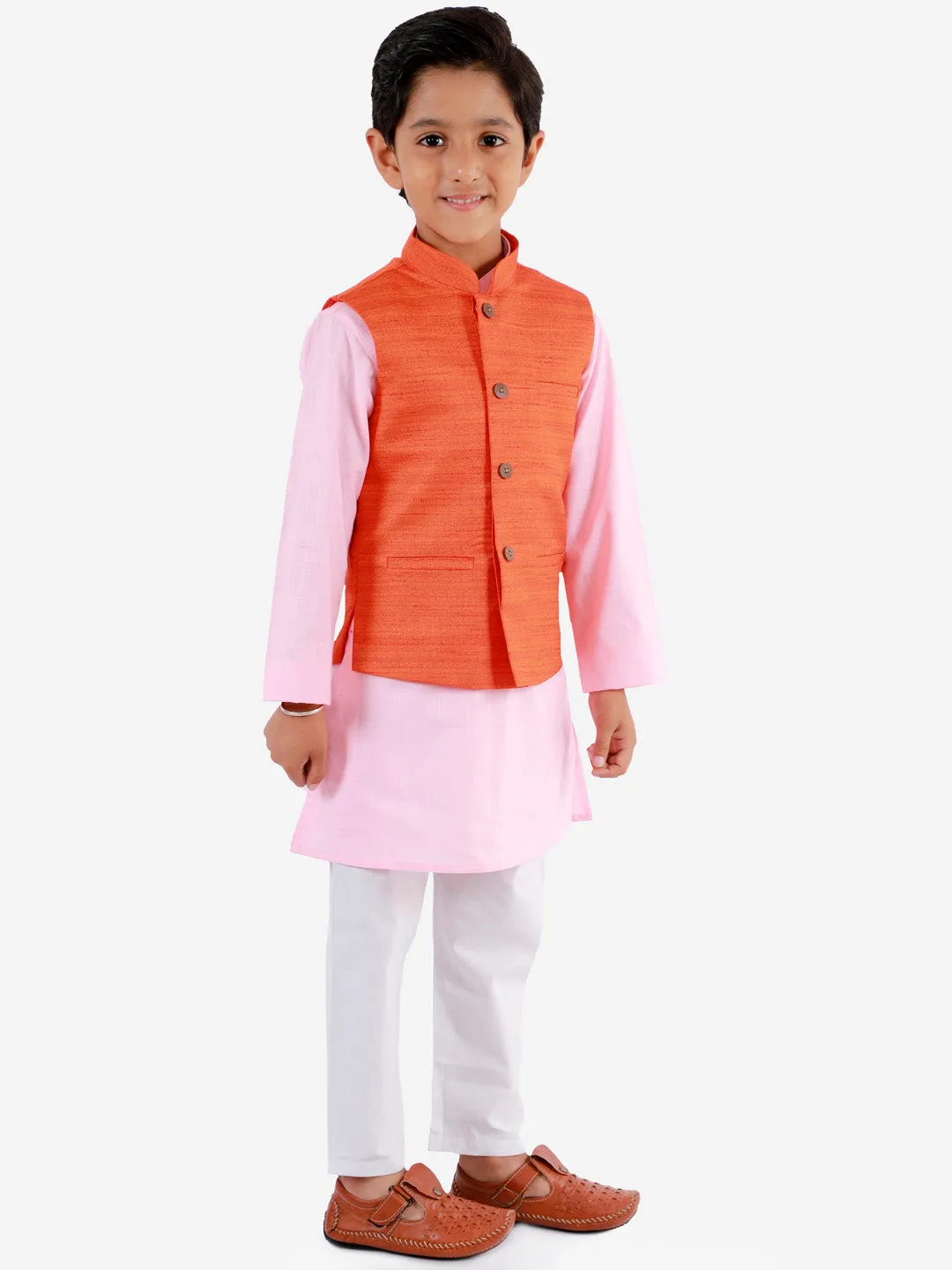 VASTRAMAY Orange, Pink And White Baap Beta Nehru Jacket Kurta Pyjama set