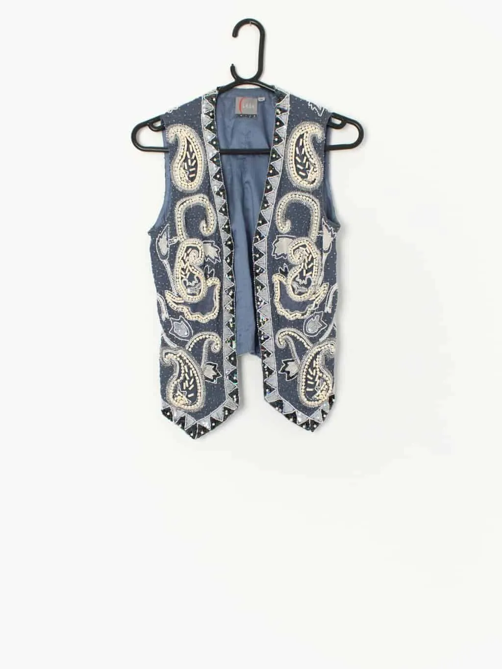 Vintage boho sequin sparkly vest in blue silk with floral embellishment – Small