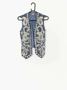 Vintage boho sequin sparkly vest in blue silk with floral embellishment – Small