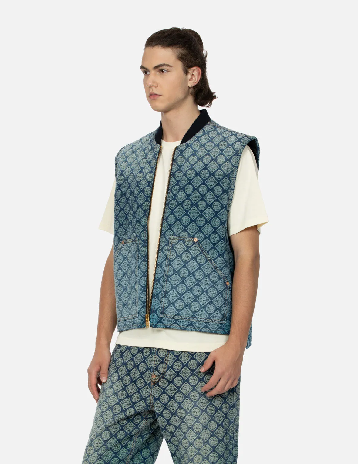 Washed Kamon Jacquard Relax Fit Denim Padded Vest