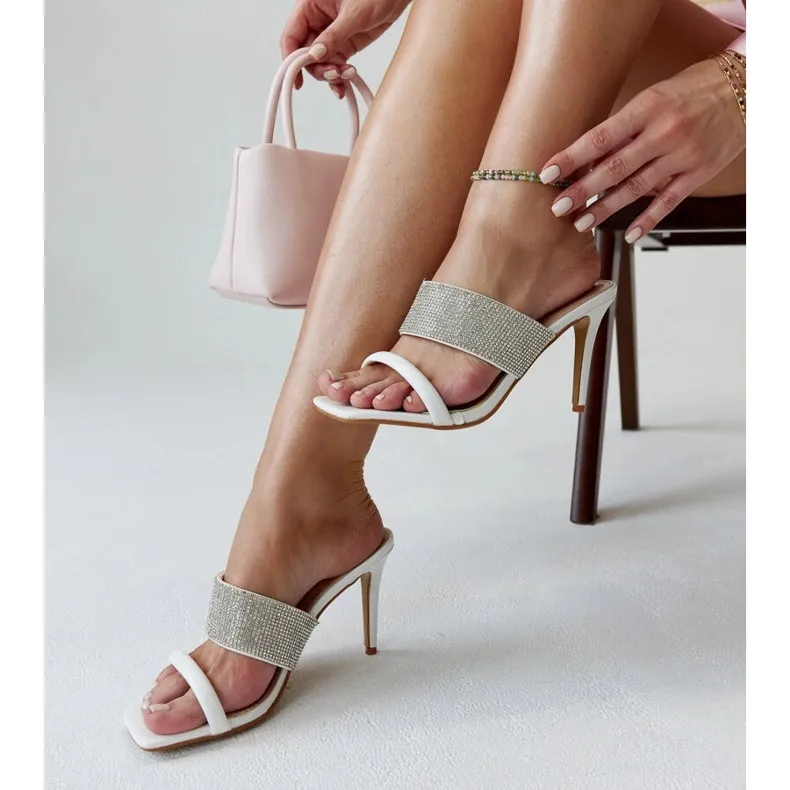 White high-heeled mules decorated with zircons Adiam