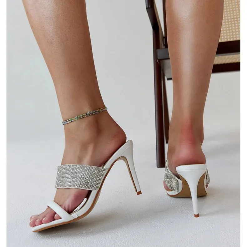 White high-heeled mules decorated with zircons Adiam