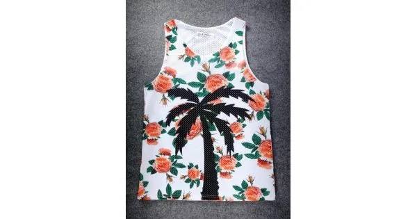 White Roses Palm Tree Net Sleeveless Mens T-shirt Vest Sports Tank Top