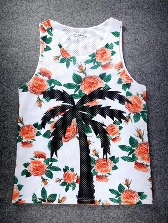 White Roses Palm Tree Net Sleeveless Mens T-shirt Vest Sports Tank Top