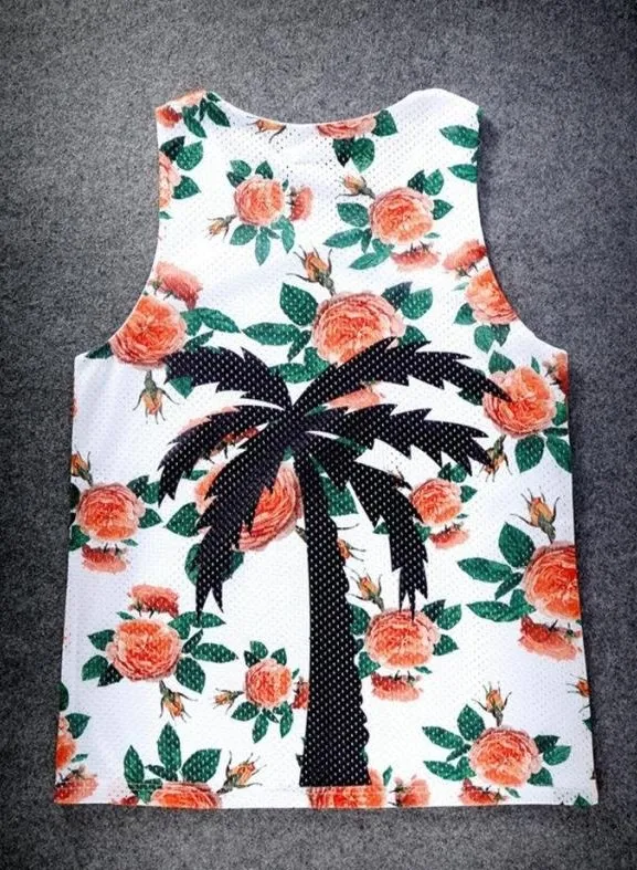 White Roses Palm Tree Net Sleeveless Mens T-shirt Vest Sports Tank Top