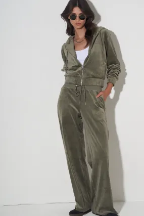 WIDE-LEG VELOUR TRACK PANTS IN OLIVE GREEN