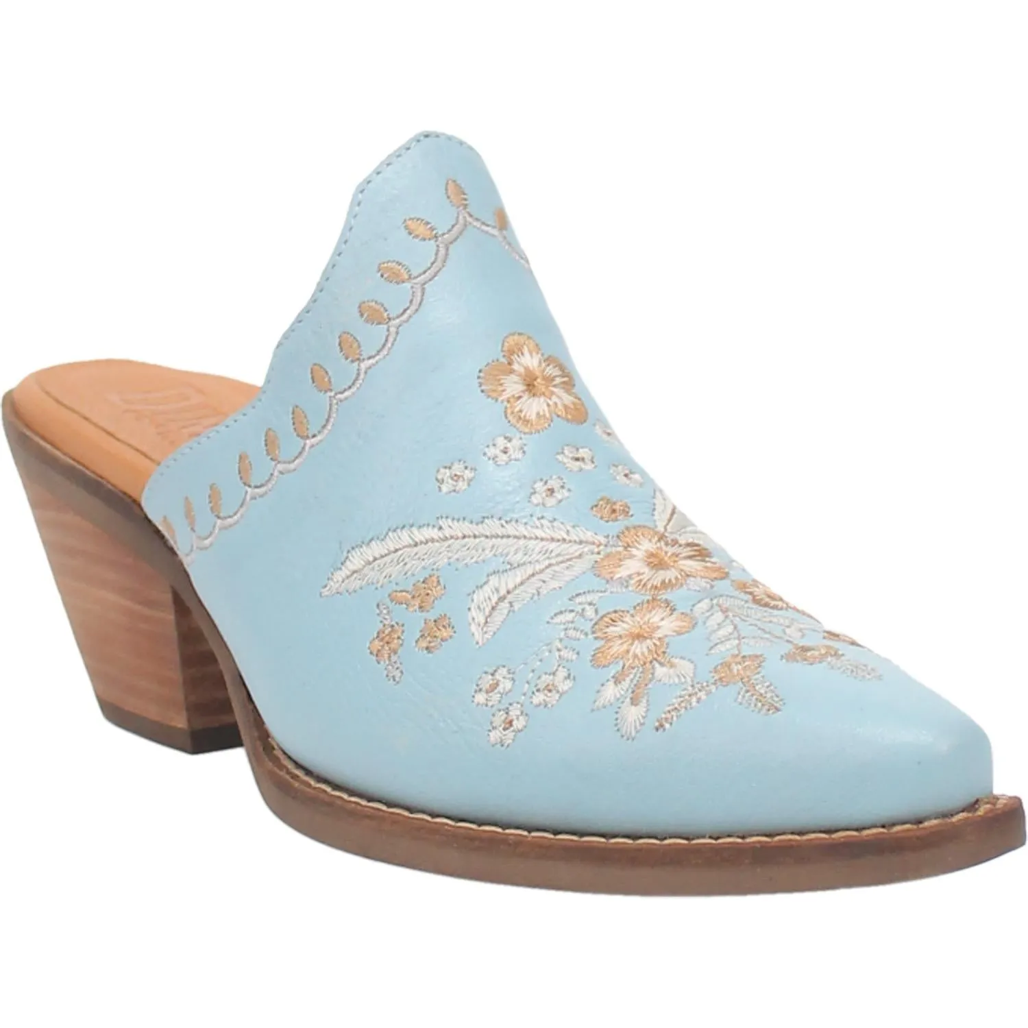 Wildflower Blue Embroidered Floral Leather Mules (DS)