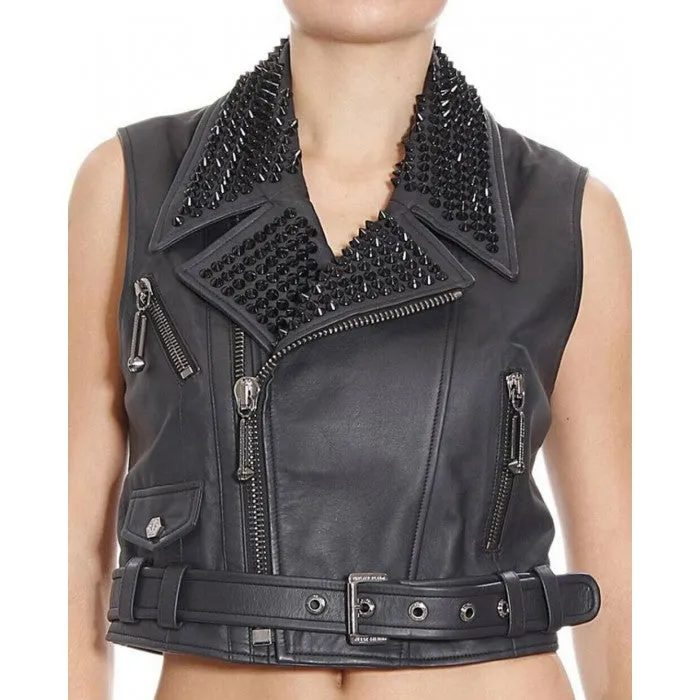 Women’s Black Leather Biker Punk Vest