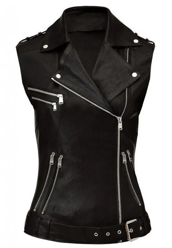 Women’s Black Leather Biker Vest