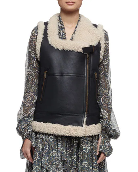 Women’s Black Leather Shearling Vest